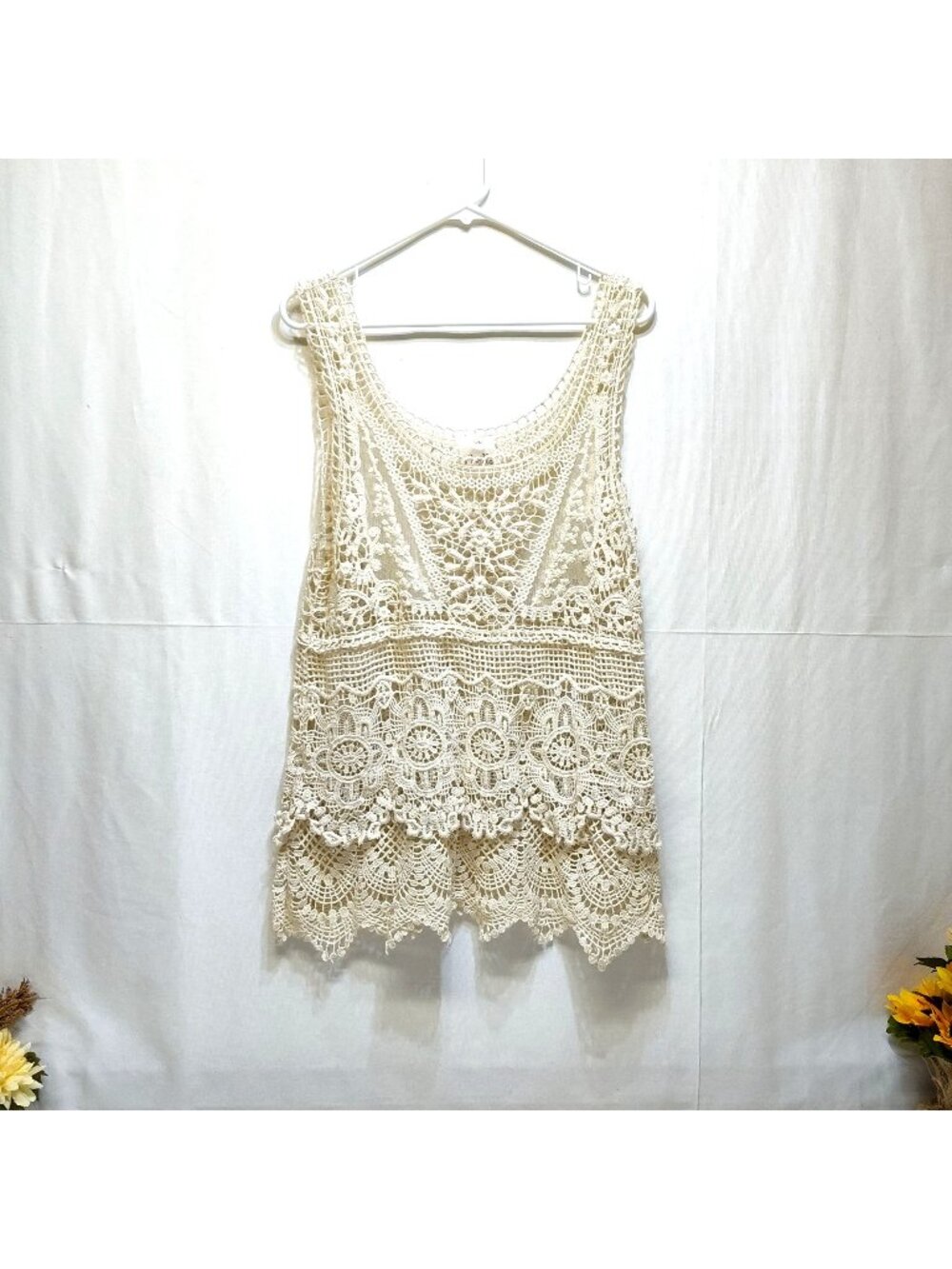 Noelle Lace Crochet Tank Top Ivory Sleeveles Boho Chic Cottagecore Festival L/XL
